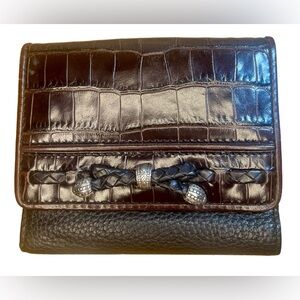 BRIGHTON vintage wallet black leather w/ brown & silver accents EUC